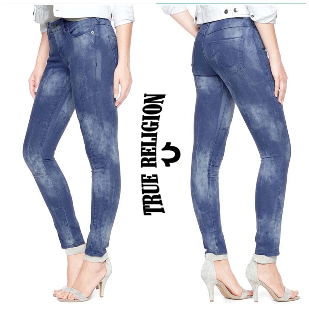 True Religion Tie Dye Wash Halle Moto Mid Rise Super Skinny TR Logo Stitch Jeans